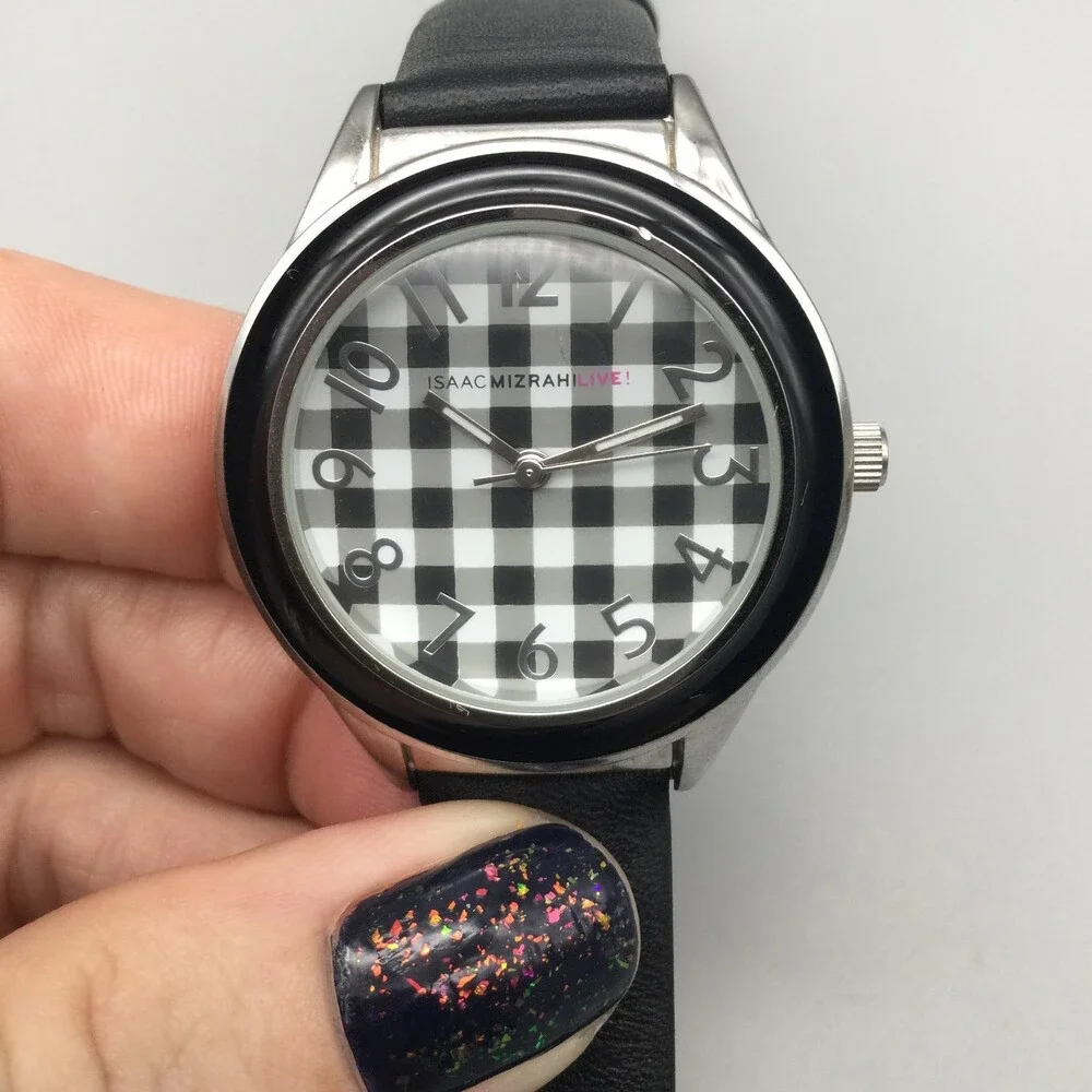 Isaac Mizrahi Live Womens Watch 36mm Black Check Dial Leather IM2647 New Battery